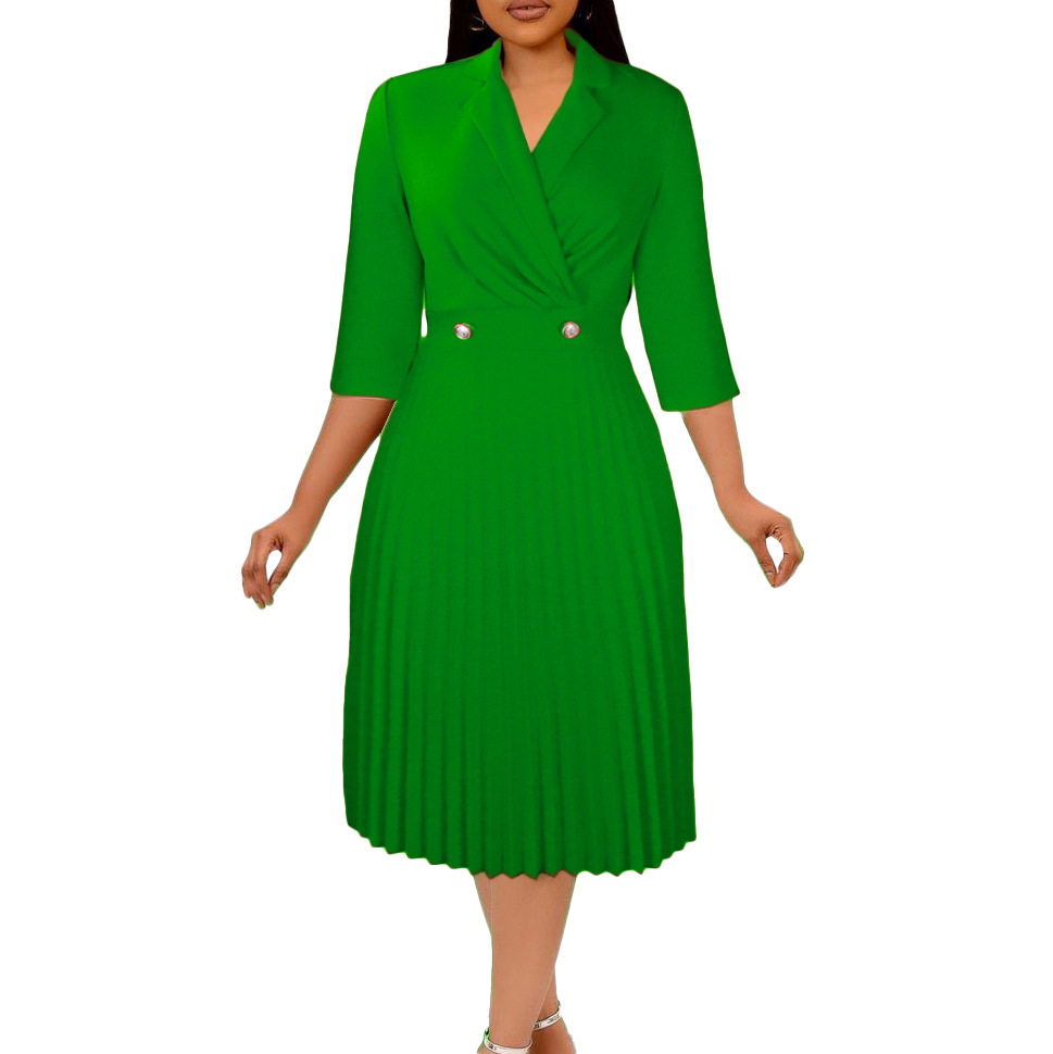 Elegant Womens Dress Solid Color Pleated Design Suit Collar Autumn Fashion for Casual or Formal Occasions