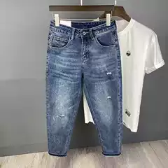 Vintage Blue Loose Ripped Jeans Men's Cropped Pants Autumn New Simple All-match Elastic Harem Pants