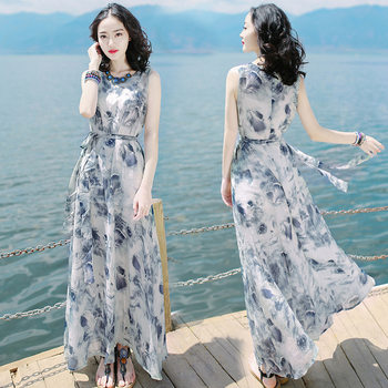 2025 New Elegant Women's Early Spring Beach Skirt High-End Ink Painting Vest Long Skirt Bohemian Dress