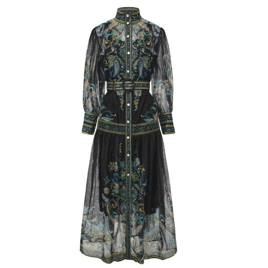 Vintage European Style Floral Print Lantern Sleeve Maxi Dress Sheer Mesh Panels Waist Defining Flattering Fit Formal