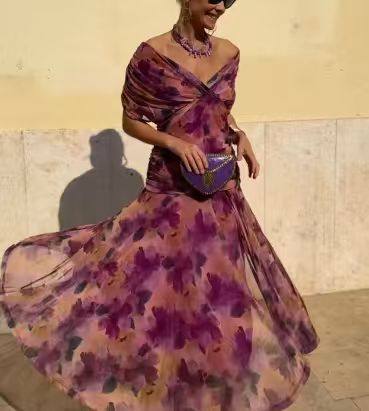 2025欧美风ins跨境女装独立站爆款雪纺印花新款露肩裹胸连衣裙女