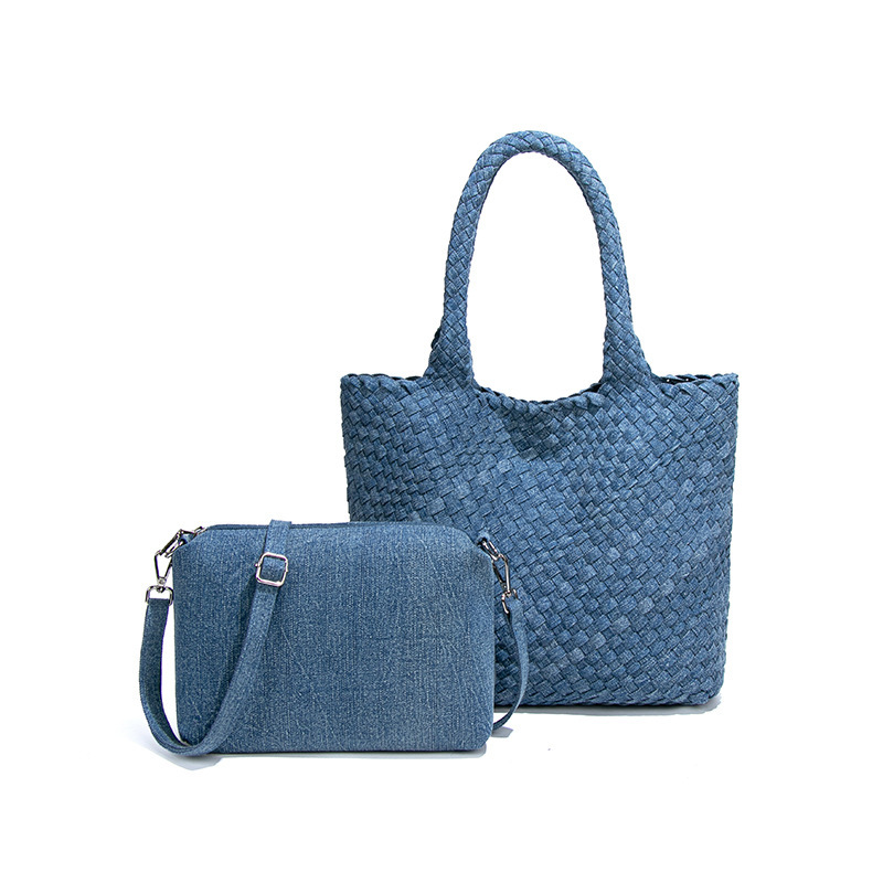 Túi xách nữ vải denim đan thủ công dáng bucket đeo chéo và xách tay — B249-1 # đen, B249-1 # xanh denim
