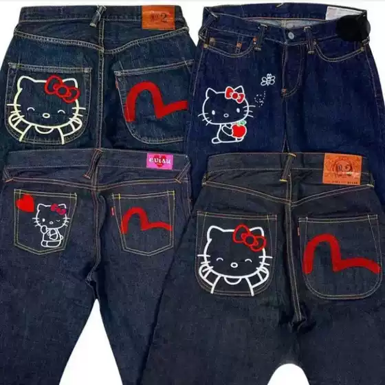 Spring and Autumn New Casual Wide Leg Pants European and American Street Trend Hello Kitty Printed Jeans Loose Straight Pants