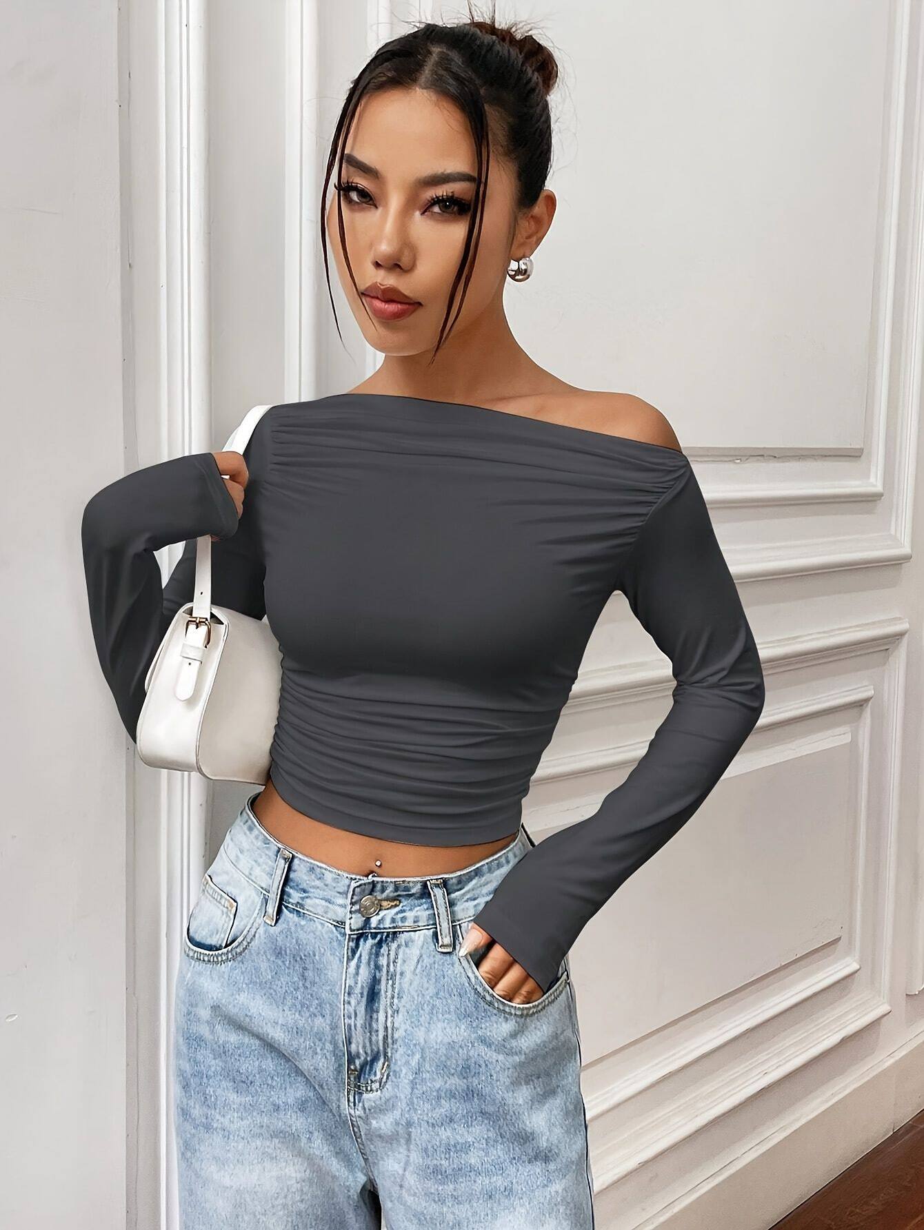 Slim Fit Asymmetrical Long Sleeve Womens T Shirt Versatile Design Pleated Detail Spring Summer Style Wholesale