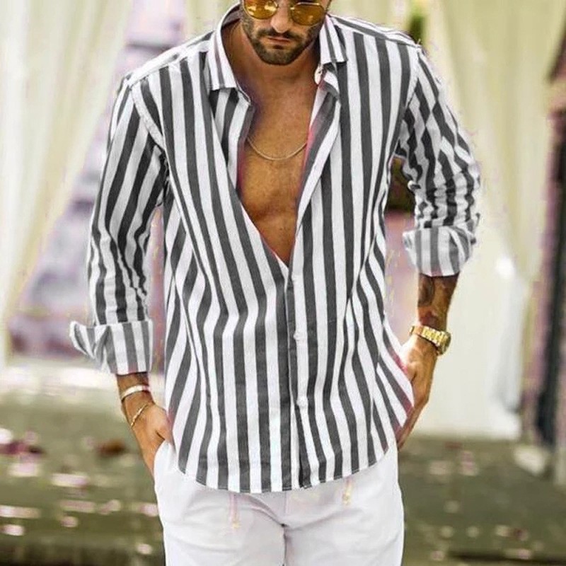 long-sleeved lapel striped shirt loose shirt for men