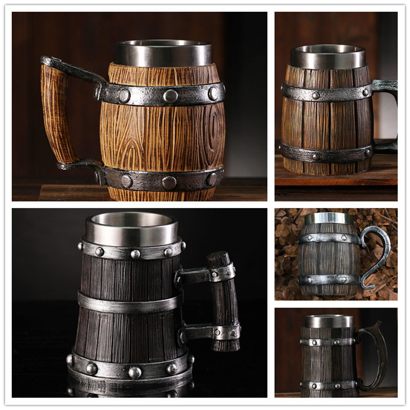 Foreign Trade Cross-Border Wooden Barrel Beer Mug Creative Large-Capacity Bar Mug Water Cup Personalized Imitation Wood Stainless Steel Cup