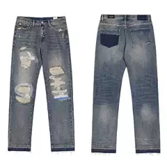 American Retro Embroidered Distressed Ripped Washed Jeans High-Street Loose Straight-Leg Pants