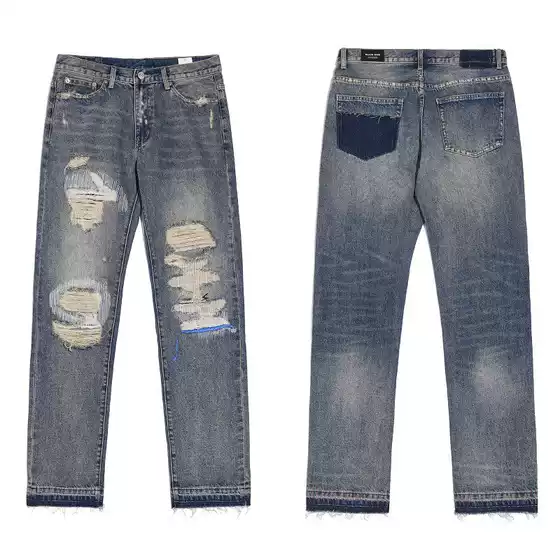 American Retro Embroidered Distressed Ripped Washed Jeans High-Street Loose Straight-Leg Pants