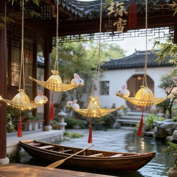 Bamboo Chinese-Style Boat, Jade Rabbit, Luminous Lantern, Ancient-Style Decoration, Mid-To-High-End Ornaments, Outdoor Portable Lamp Wholesale