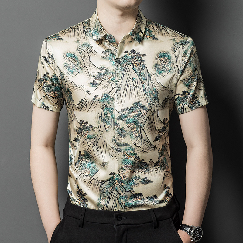 Áo Sơ Mi Nam Chất Liệu Lụa Tơ Tằm Ngắn Tay Họa Tiết Hoa Kín Cổ Hàng Mùa Hè Phong Cách Trẻ Trung