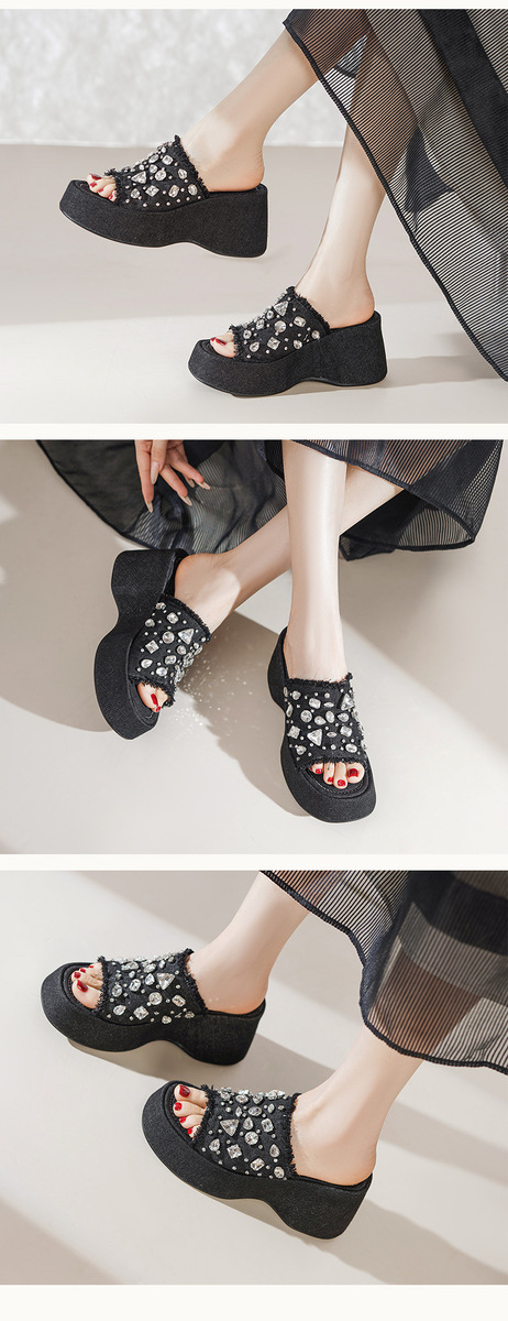 Dép sandal nữ quai ngang đế xuồng gót dốc 9cm đính đá phối denim — Màu đen, Xanh denim