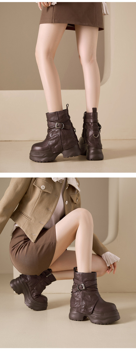 Boot nữ cổ thấp tăng chiều cao 12cm đế dày khóa kéo bên hông — Kaki lót đơn, Lớp lót đơn màu đen, Lớp lót đơn màu nâu, Lót nhung đen
