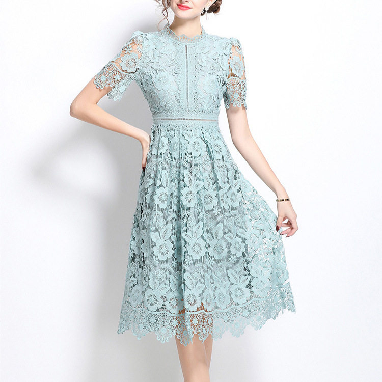 Vintage Elegant Hollow Out Lace Dress Water Soluble Floral Design Slim Fit Short Sleeve Formal Occasion Wholesale