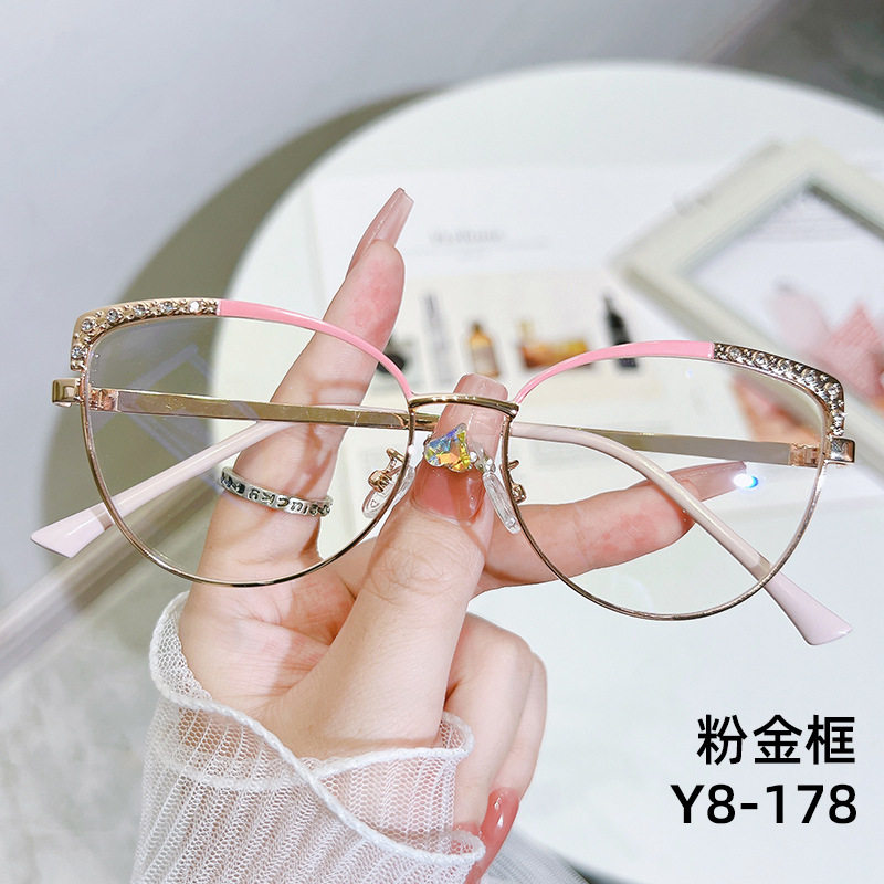 Cross-Border New Fashion Anti-Blue Light Computer Glasses European and American Retro Metal Eyeglass Frames Cat-Eye Optical Flat Glasses Large Frame
