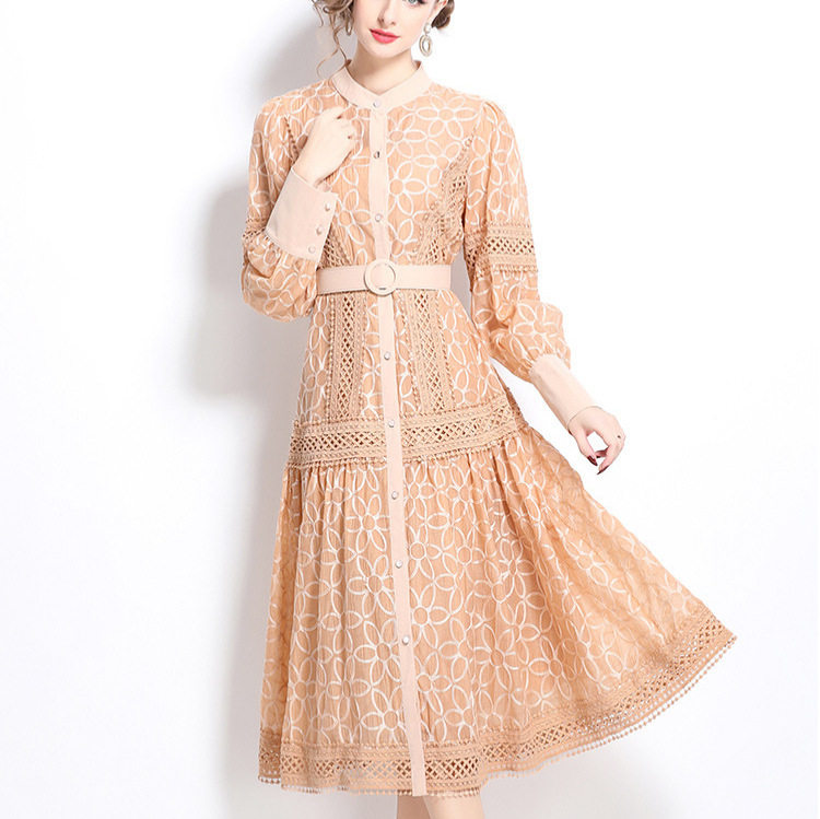 Vintage Embroidered Lantern Sleeve Dress Spring Collection Waist Cinching A Line Button Closure Elegant Occasion