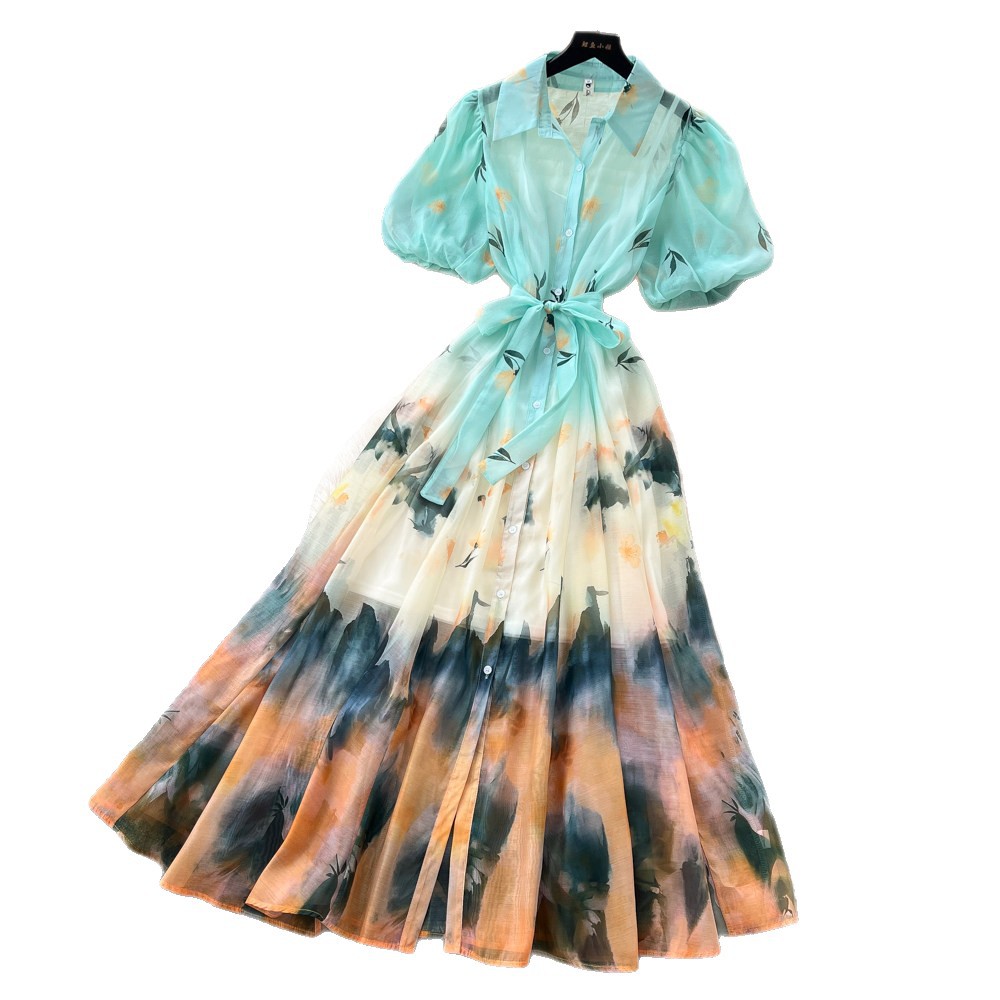 Tie Dye Gradient Print Shirt Dress Summer Style Lantern Sleeves Belted Waist A Line Silhouette Wholesale Available