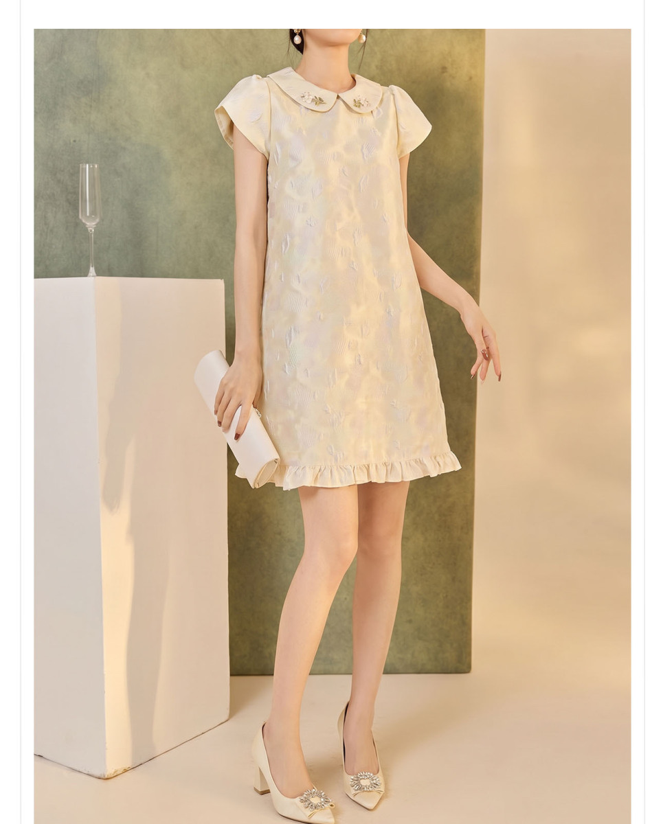 Đầm liền họa tiết jacquard cổ búp bê tay ngắn dáng chữ A — Phô mai vàng (giao hàng trong 7 ngày), Phô mai vàng (giao hàng trong ngày)
