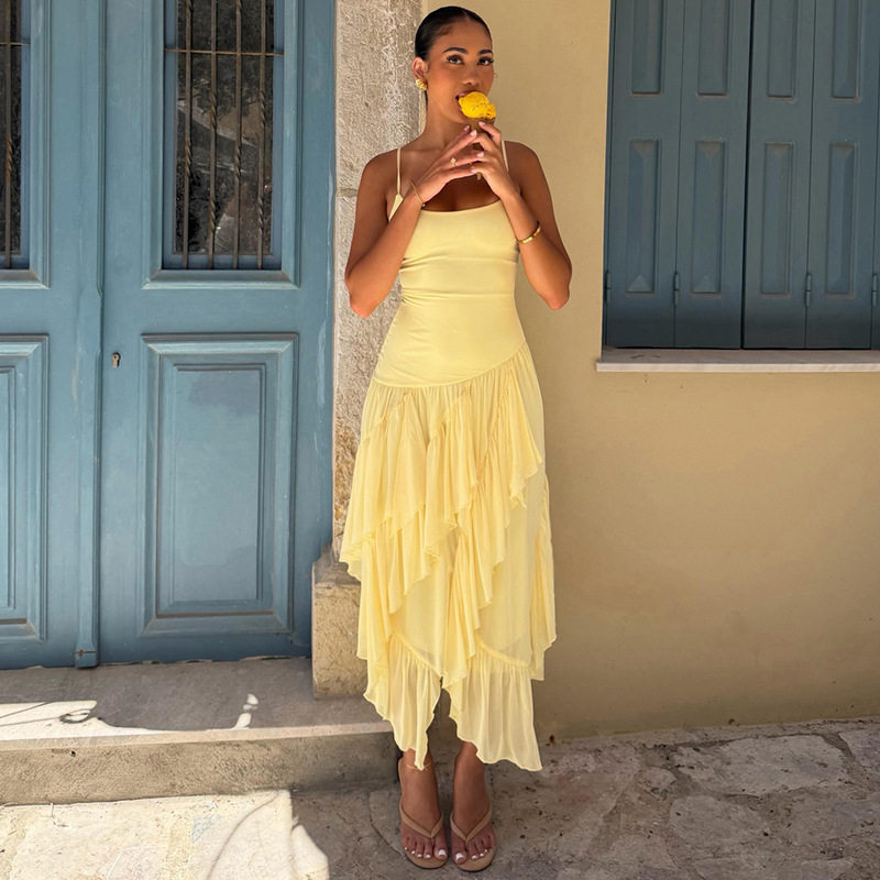 Summer Womens Dress Sexy Spaghetti Strap Elegant Ruffle Design Asymmetrical Hem Perfect for Parties or Casual