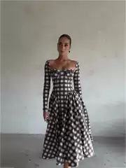 Cross-border Amazon 2023 European and American autumn New U-neck Plaid long sleeve slim belt retro dress women