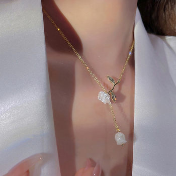 New Style Internet Red Rose Flower Gold Necklace Glass Water Drop Pendant Clavicle Chain Fashion Round Bead Flower Necklace Chain Accessories