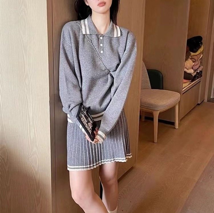 Sweet Elegant Polo Collar Loose Slim Knitted Sweater Women's College Style Autumn New Pleated Skirt Two-Piece Set