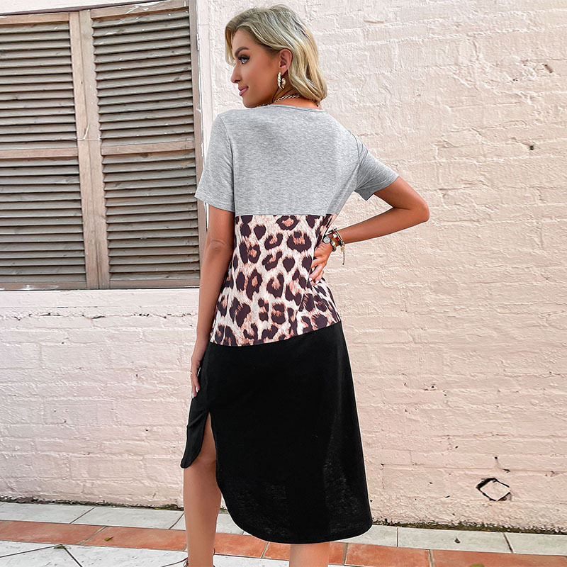 Summer Womens Dress Slim Fit Short Sleeve Color Block Leopard Print Side Slit Casual Wear Wholesale Available