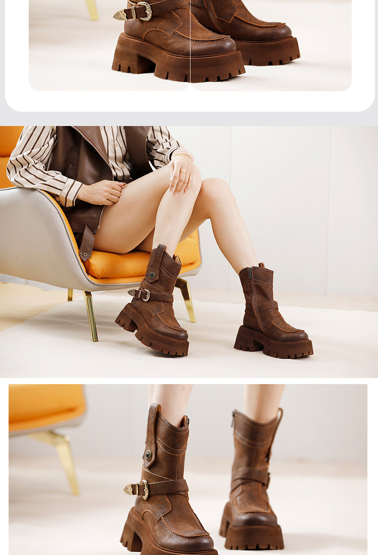 Boot Martin nữ cổ ngắn da bò thật khóa kim loại đế dày