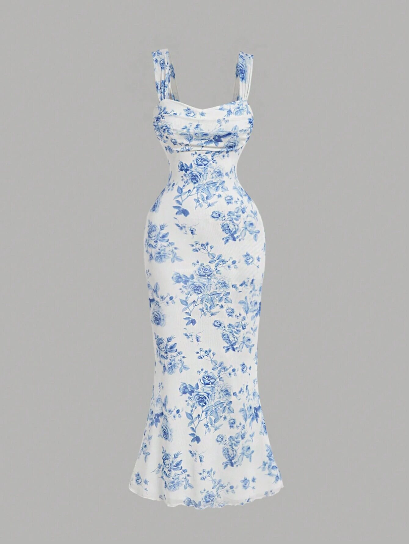 Summer Womens Bodycon Dress Blue and White Porcelain Print Backless Strapless Mermaid Hem Perfect for Parties