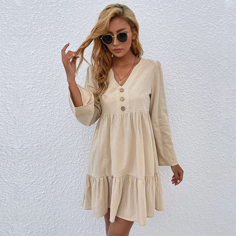 Loose Fit Long Sleeve Dress Cotton Linen Blend Apricot Color Casual Style Wholesale Available