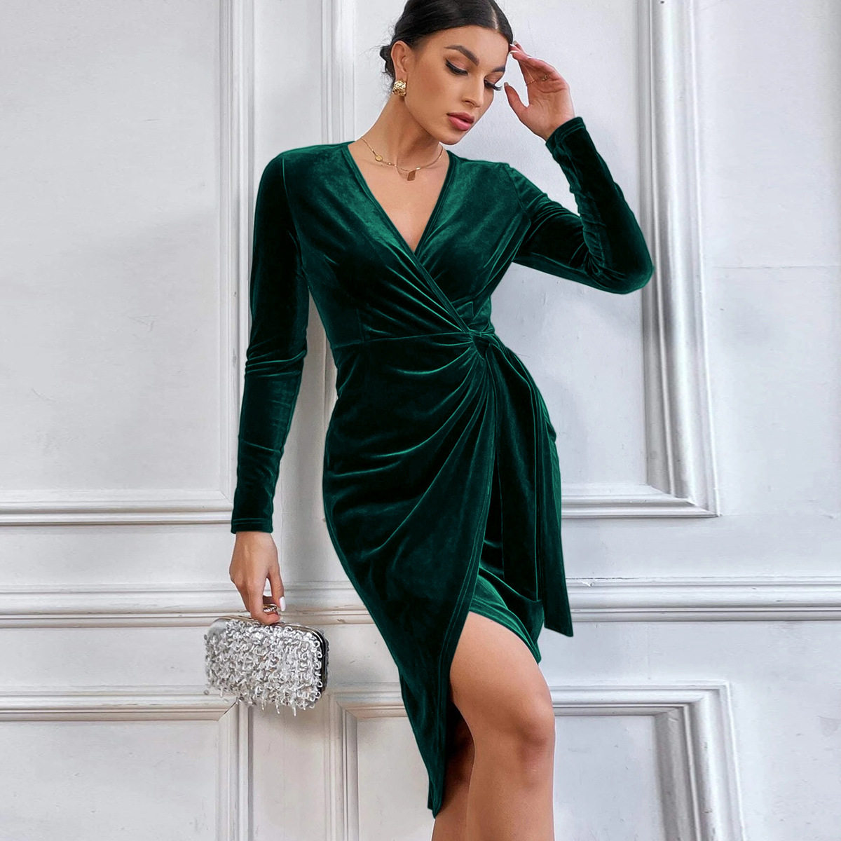 Sexy V Neck Bodycon Maxi Dress Irregular Hem Elegant Style Perfect for Cocktail Parties and Evening Events Wholesale