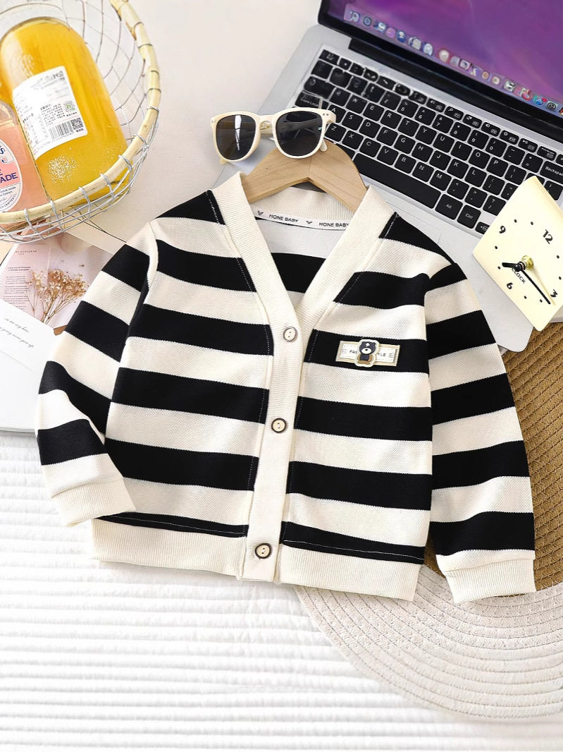 New Boys & Girls Autumn Korean Style Striped Versatile Stylish Coat, Kids' Long-Sleeve Top for Toddlers & Little Kids