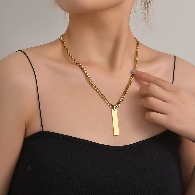 Men's Stainless Steel Long Engraved Necklace Hip-Hop Trendy Simple Glossy Vertical Bar Pendant Sweater Chain Jewelry Wholesale