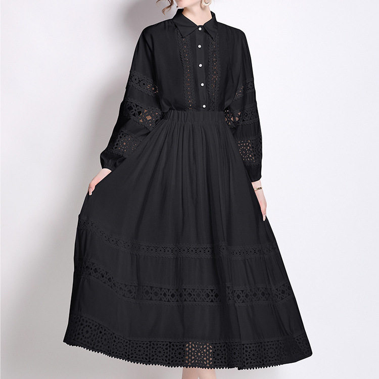 Fashionable Womens Set Stylish Lapel Shirt with Lantern Sleeves and Lace Details High Waisted Skirt Autumn Collection