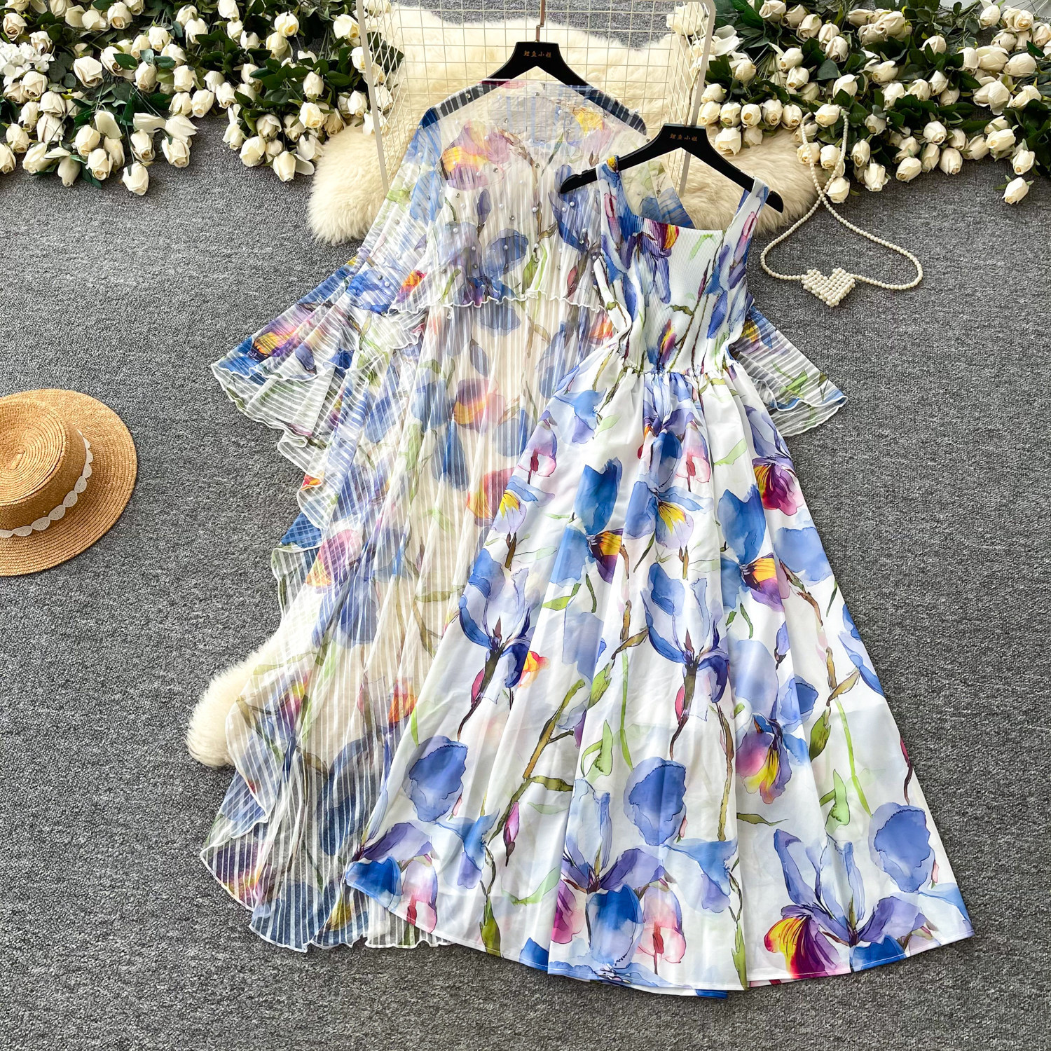 French Style Floral Print Dress Three Quarter Sleeve Waist Defining Slim Fit Beaded Details Summer Casual or Office