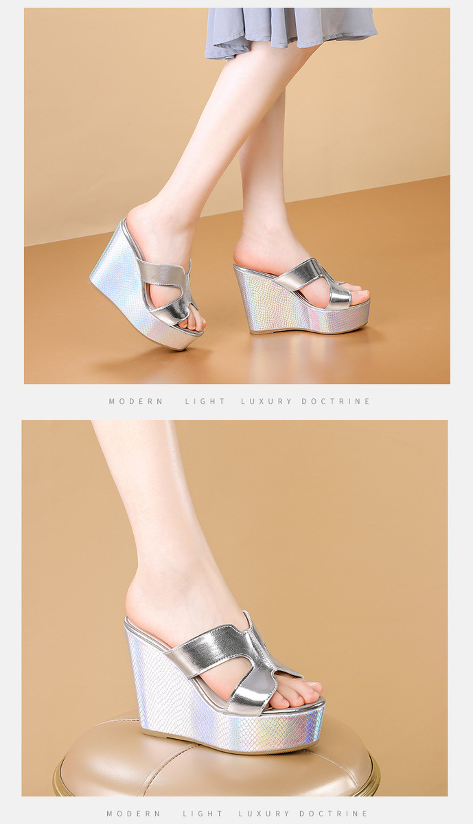Sandal nữ gót xuồng siêu cao 12cm mũi vuông hở ngón, đế dày 4cm bằng da bò thật — Màu bạc, màu vàng kim