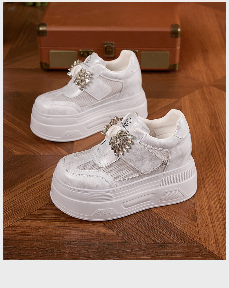 Giày sneaker nữ đế dày chunky trắng phối đá rhinestone, form hầm hố, tăng chiều cao — Trắng, Xám chi tiết 14