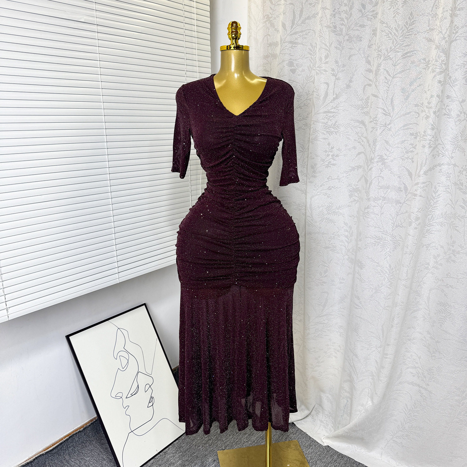 Elegant Womens Summer Dress Stretchy Mesh Pleated V Neck High Waist Slim Fit Perfect for Formal Occasions