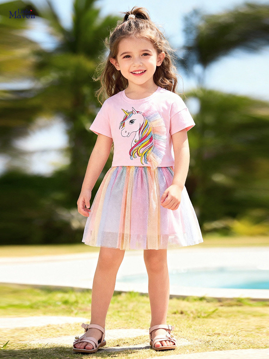 Set anak perempuan stylish musim panas, set bayi kartun lucu, set gaun tulle