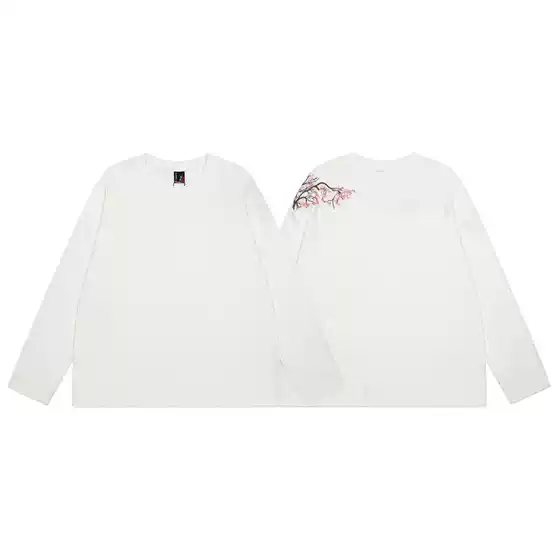 Cross-Border Export Trendy Brand Derschutze Blossom Embroidered Cherry Blossom Waffle Loose Long-Sleeved T-Shirt for Men and Women