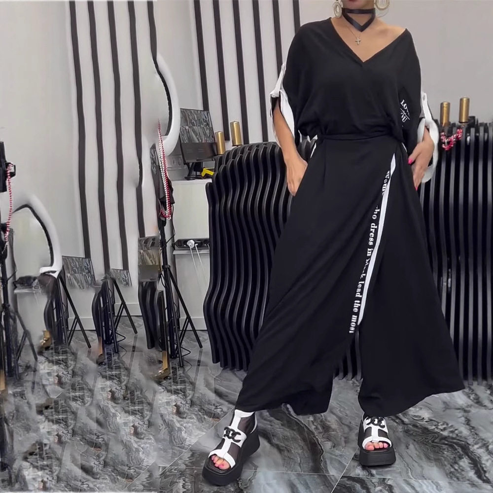 Fashion V Neck Color Block Irregular Short Sleeve Top and Loose Long Pants Set Trendy Casual Wear for Spring Summer