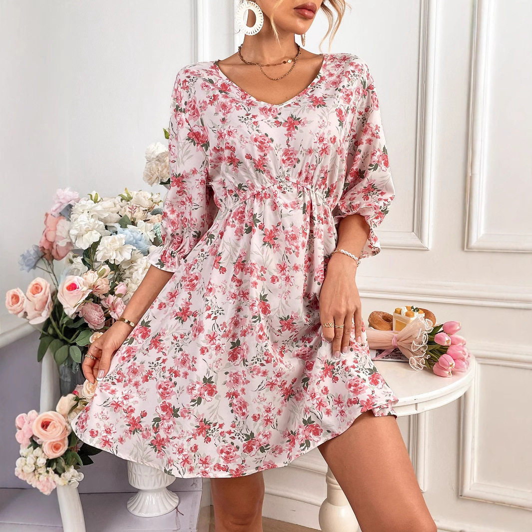 Floral Print Womens Dress Spring Ruffled Trim Tie Waist Color Block Design Casual Wear Wholesale Available