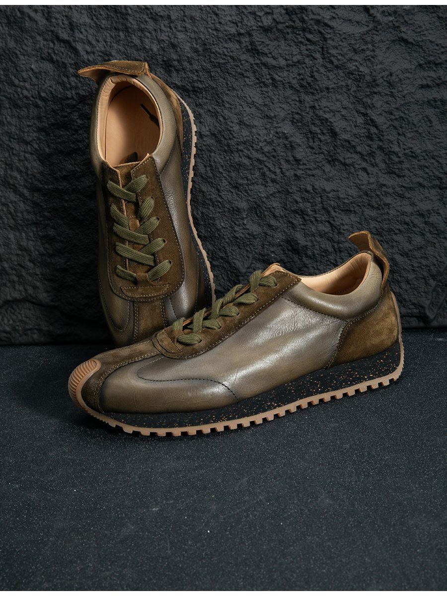 Giày sneaker da mềm thủ công phong cách retro — Màu xanh lam, Màu trắng, Màu xanh quân đội, Màu cà phê