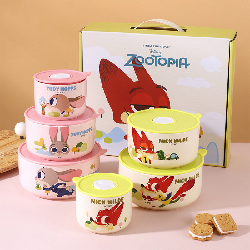Disney Chaole Ceramic Fresh-keeping Bowl with Lid Fresh-keeping Box Three-piece Set Cartoon Hand Accompanying Gift suit Tableware Color Glaze