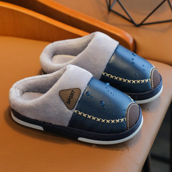 Children's cotton slippers parent-child Boys and Girls baby large, medium and small pu waterproof parent-child indoor home warm soft bottom non-slip