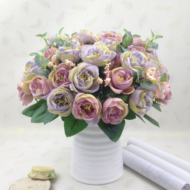欧式10头茶玫 仿真花束 婚庆绢布家居手捧装饰假花餐桌玫瑰山茶苞