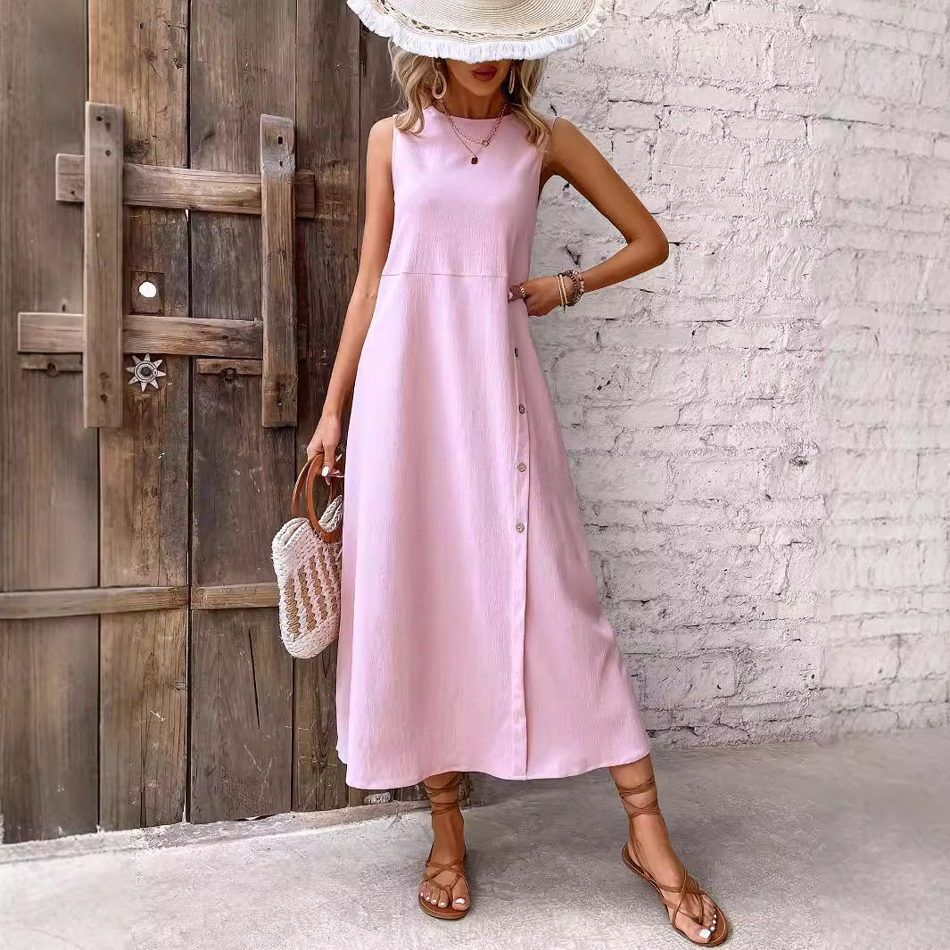 Loose Fit Sleeveless Round Neck Dress Solid Color Straight Cut Comfortable Fabric Casual Summer Wear Wholesale