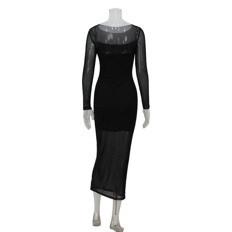 Elegant Long Sleeve Bodycon Dress with Round Neck and Sheer Mesh Panels Perfect for Red Carpet Events Wholesale Available