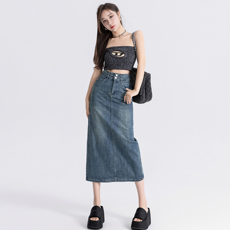High Waisted Split Denim Midi Skirt A Line Bodycon Fit Spring Autumn Fashion Perfect for Petite Women Wholesale