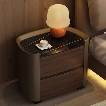 Installation-Free Modern Simple Minimalist Solid Wood Slate Storage Cabinet Bedside Table Leather Light Luxury Small Italian Bedside Table