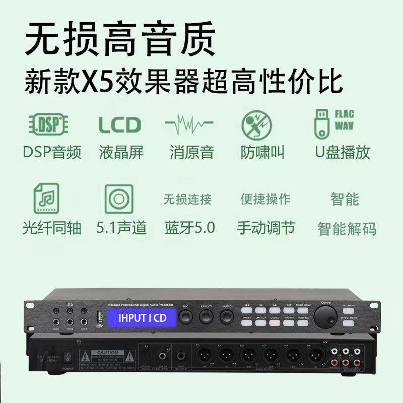 New X5 Effector with Lossless Sound Quality, Anti-Howling, Multifunctional for Home Use, Stage Professional Preamp with Bluetooth Effector